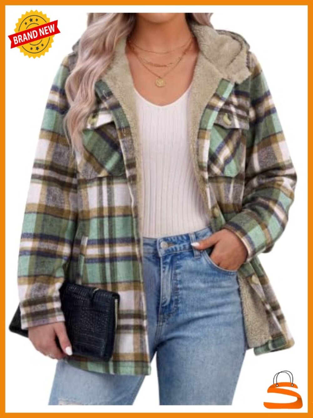 Women's Plus Size Plaid Shacket Fleece Hooded Warm Coat Button Down